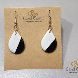 White and Black Teardrop Earrings  - Polymer Clay