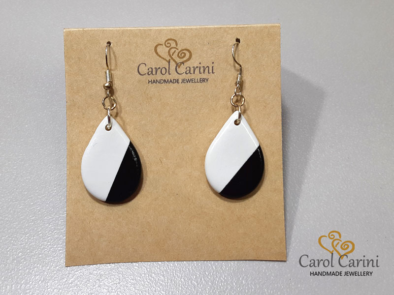 White and Black Teardrop Earrings - Polymer Clay