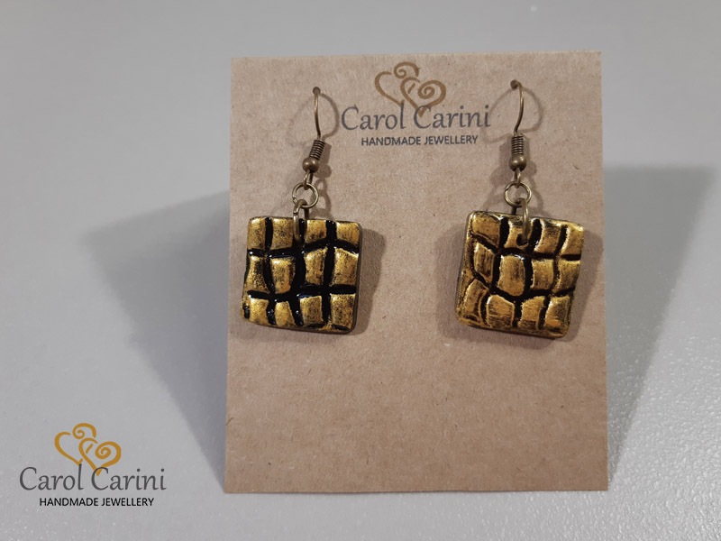 Black and Gold Square Earrings - Polymer Clay